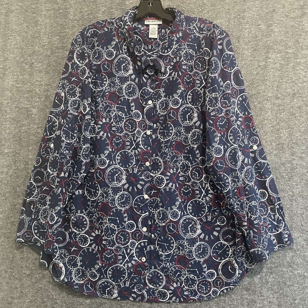 Catherines Top Women 1X Blue Clock Print Novely Button Roll Tab‎ Blouse Office